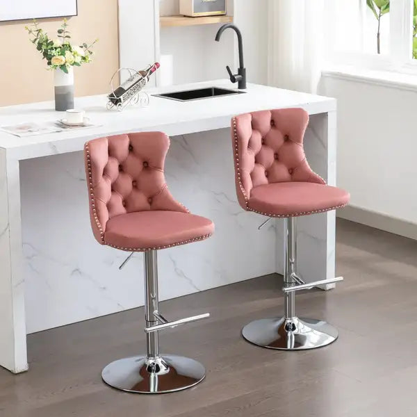 Pink Velvet Bar Stools, Adjustable Height, Chrome Base, Set of 2 - Minihomy