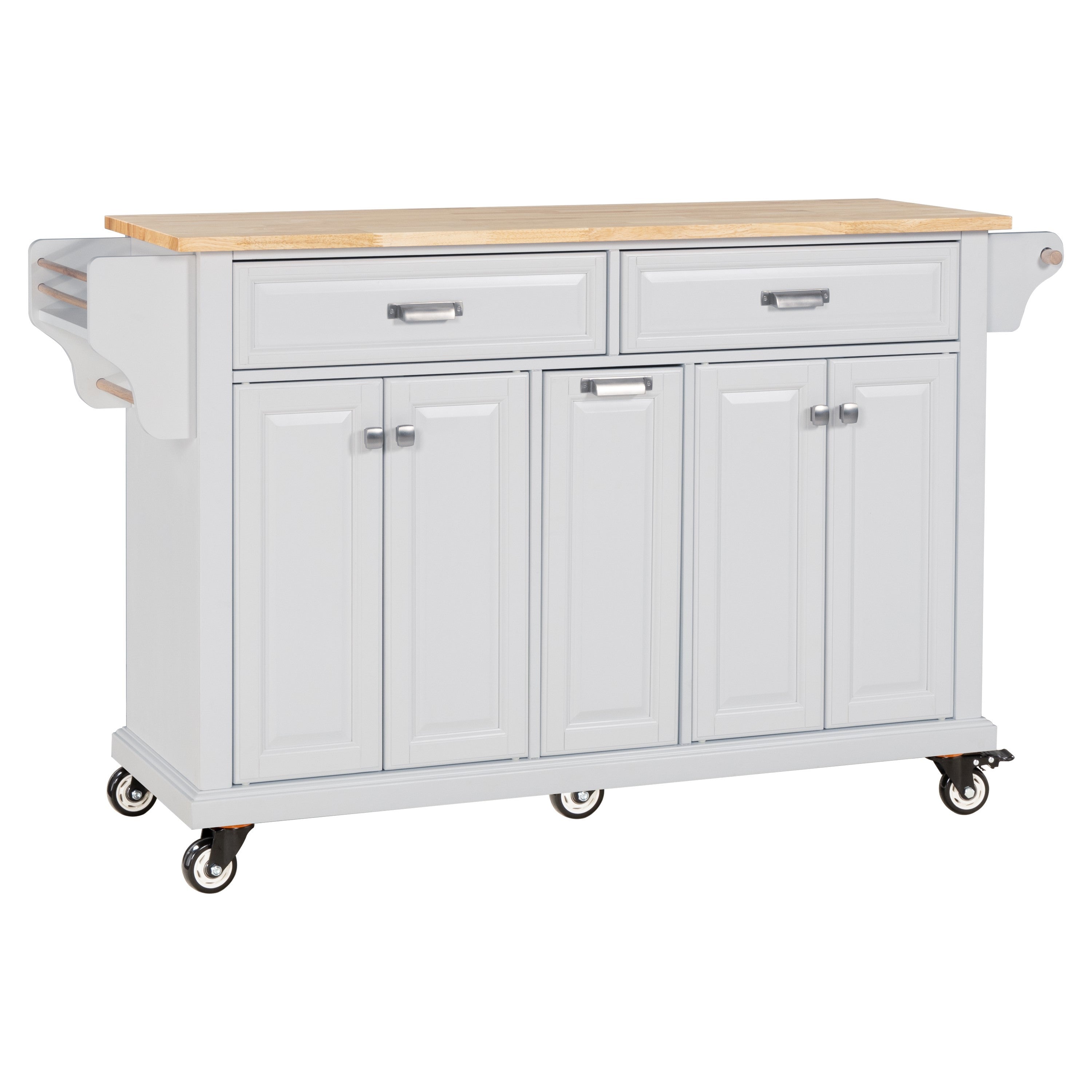 White Kitchen Island Cart with Rubberwood Countertop & Storage Drawers