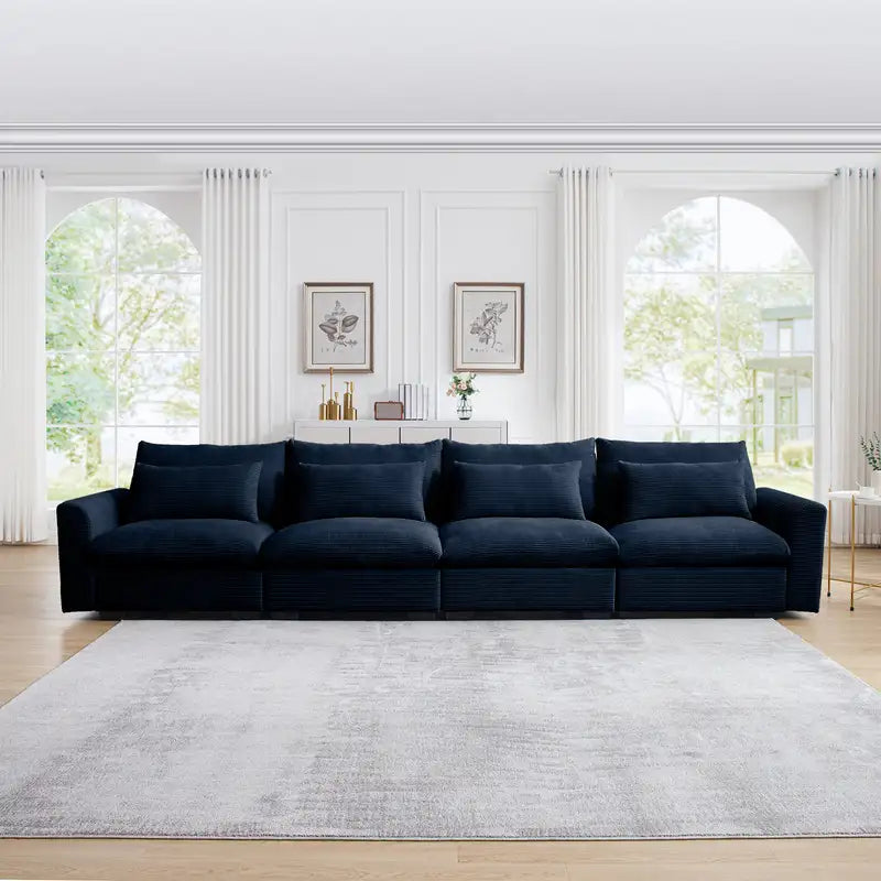 Modern Blue Corduroy 4-Seater Sofa: Deep Seat Couch w/ Pillows