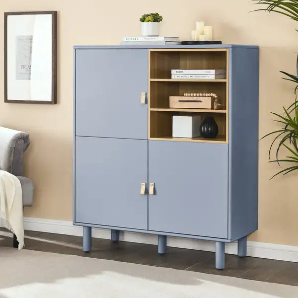 Modern Wooden Storage Cabinet with Leather Handles - Multifunctional Sideboard