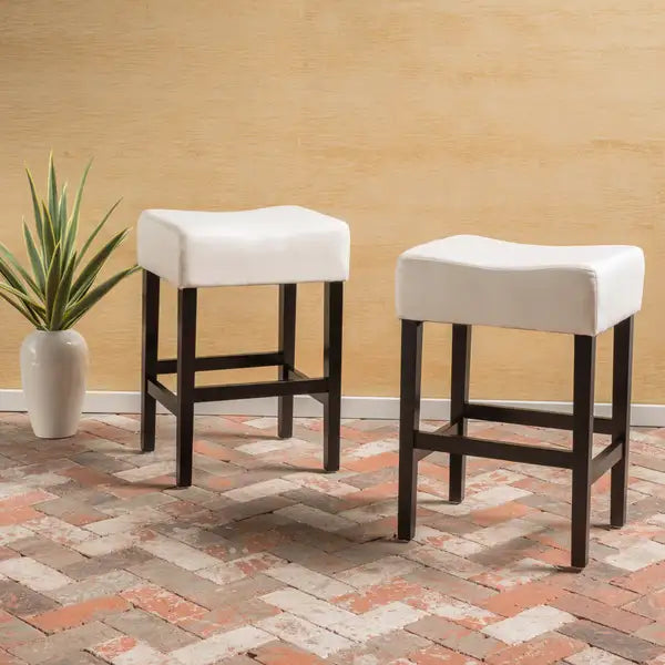 Beige Leather Counter Height Barstools (Set of 2) - 26.75" Backless - Minihomy