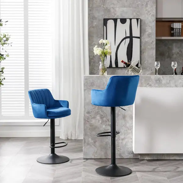 Adjustable Bar Stools Set of 2 with Back & Footrest - Counter Height Bar Chairs for Kitchen, Pub - Blue - Minihomy