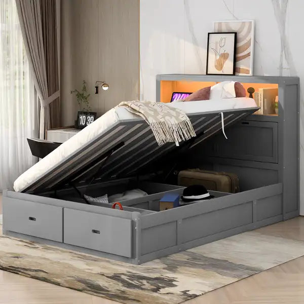 Queen Size Hydraulic Platform Bed with Storage, LED Headboard, Charging Station & Drawers - Gray