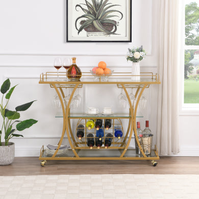 Gold Bar Cart with Wine Rack & Tempered Glass - Metal Frame Wine Storage