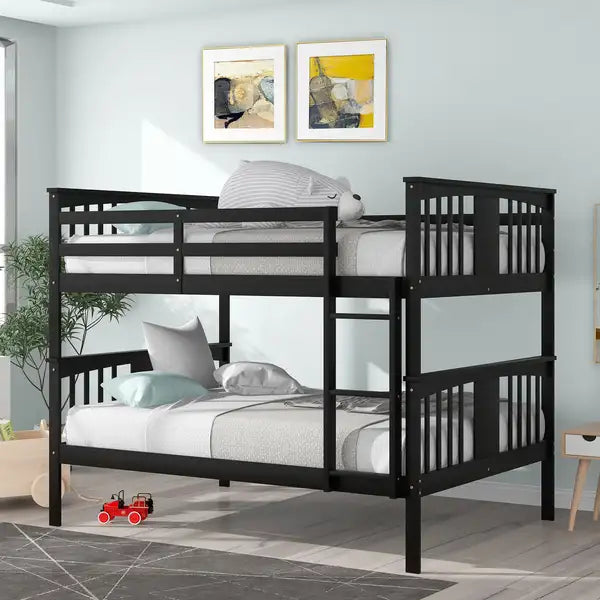 Full Over Full Bunk Bed with Ladder - Espresso - Guest Room Furniture - Minihomy