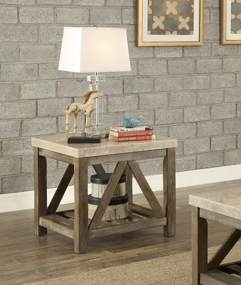 Creamy White Marble Top Industrial End Table with Shelf