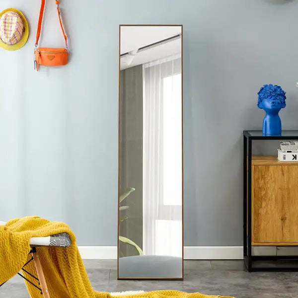 Full Length Floor Mirror | Solid Wood Frame | Brown | 58" x 15" | Decorative Mirror for Bedroom, Porch, & Stores - Minihomy