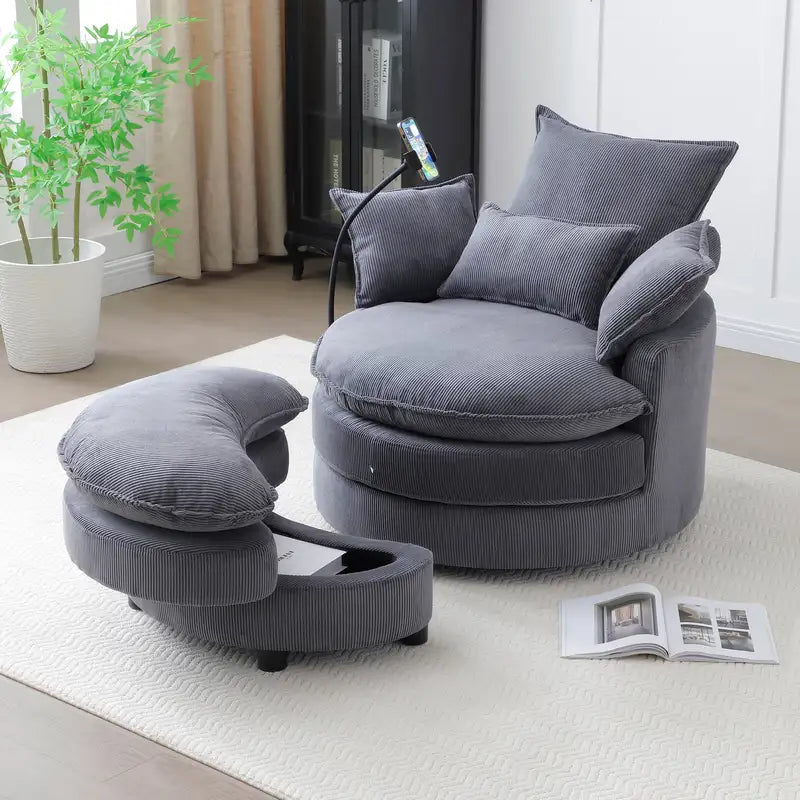 Modern Grey Swivel Barrel Chair with 4 Pillows - Living Room Accent Chair