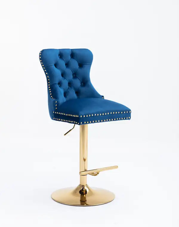 2-Piece Velvet Bar Stools Set | Adjustable Counter Height, Tufted Back, Blue & Gold - Minihomy