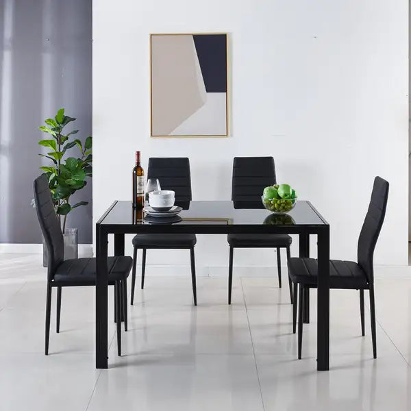 Mid-Century Dining Table Set for 4-6 | Glass Top & Metal Legs | Pedestal Design