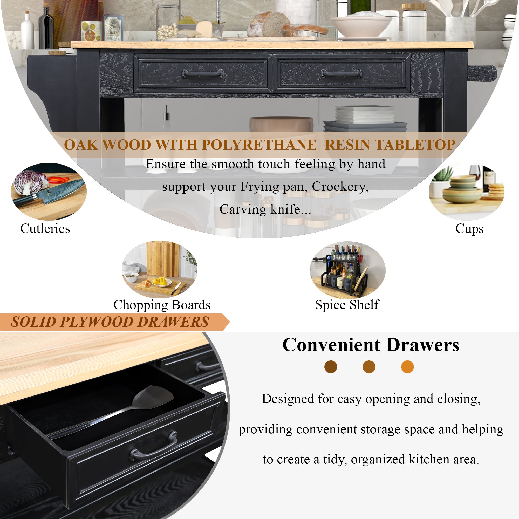 Rolling Kitchen Island with Storage, Solid Oak Top, 2 Drawers, Wine & Spice Rack - Black & Natural