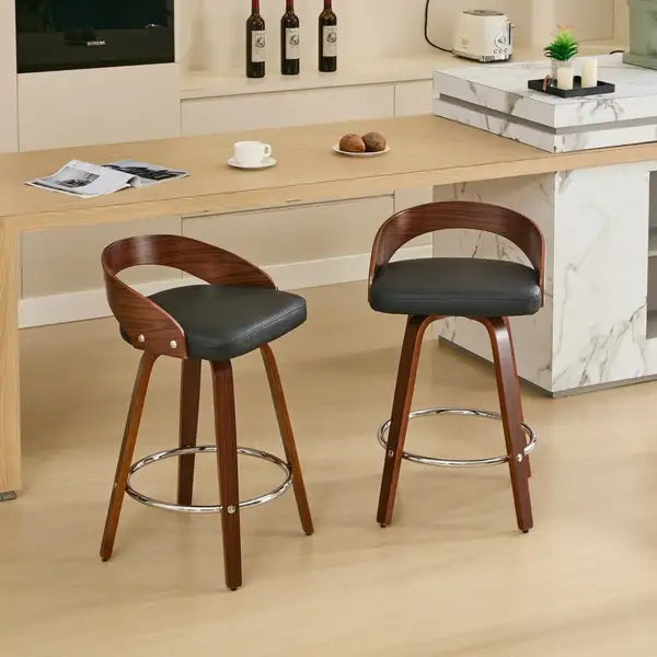 Swivel Bar Stools Set of 2, Black Wood Counter Height with Cushioned Seat