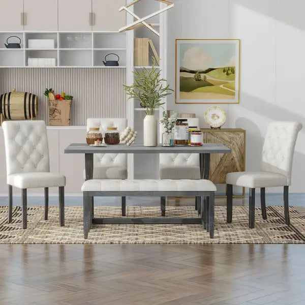 6-Piece Retro Dining Table Set with Unique Legs - Gray Wash - TREXM