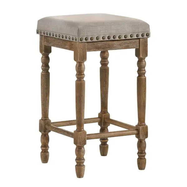 Beige & Weathered Oak Nailhead Trim Counter Stools (Set of 2)