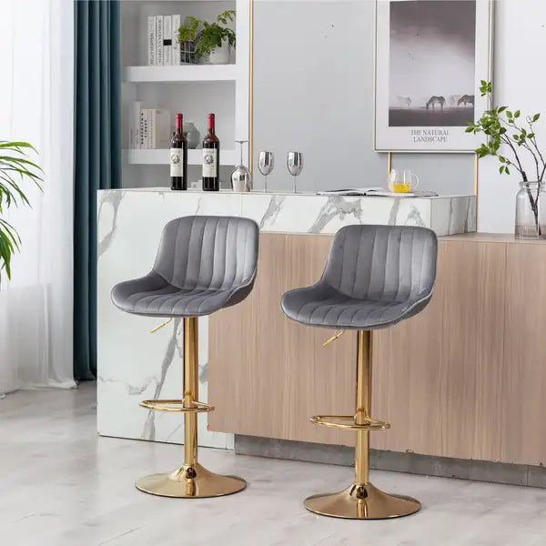 Adjustable Bar Stools Set of 2, Grey Velvet & Gold Legs, Swivel Chrome Base - Minihomy