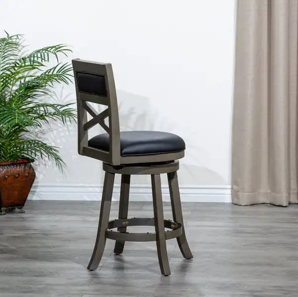 24" Weathered Gray Counter Height Swivel Stool with Black Leather Seat - Minihomy