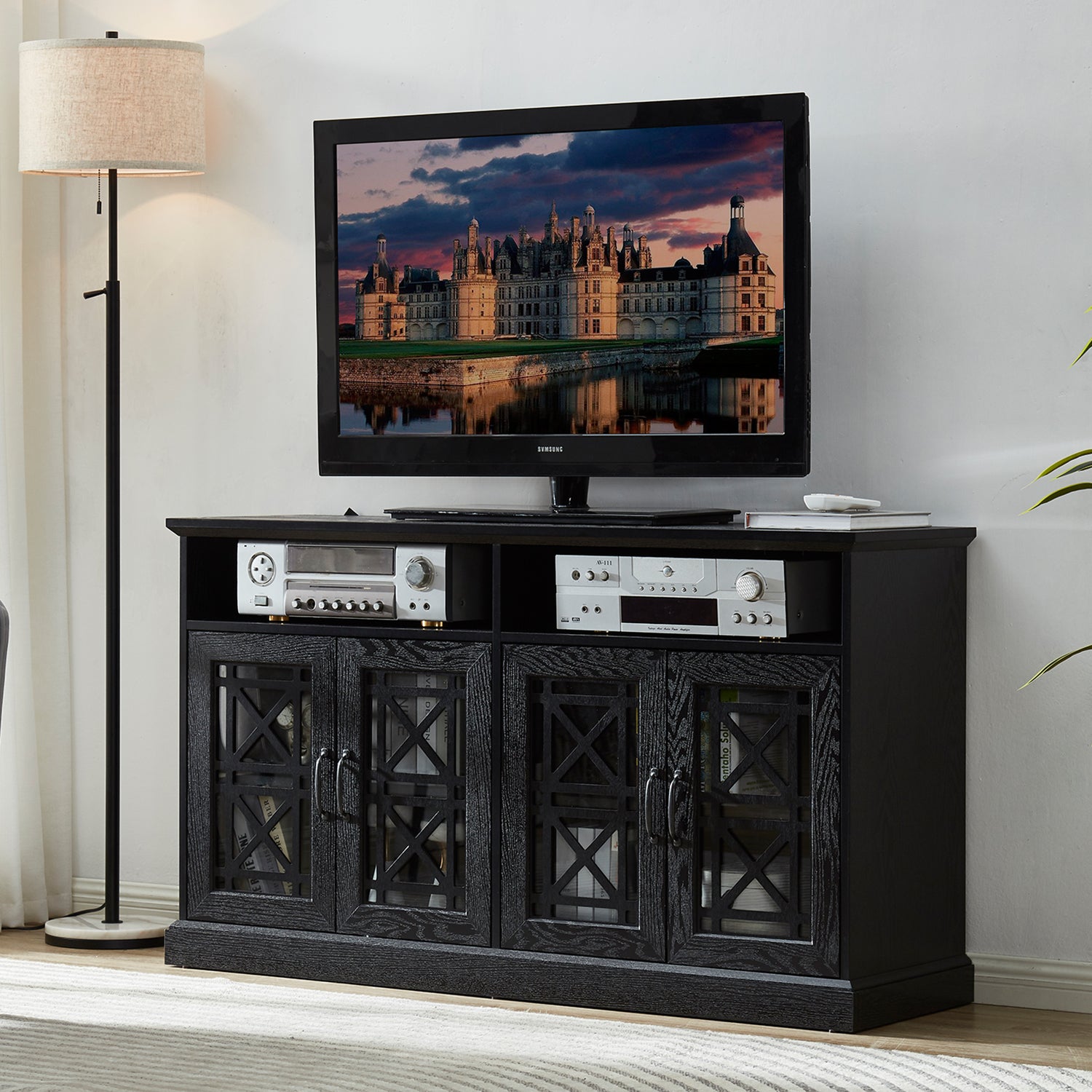 53" TV Console Cabinet with Storage, Black Wood Grain Finish