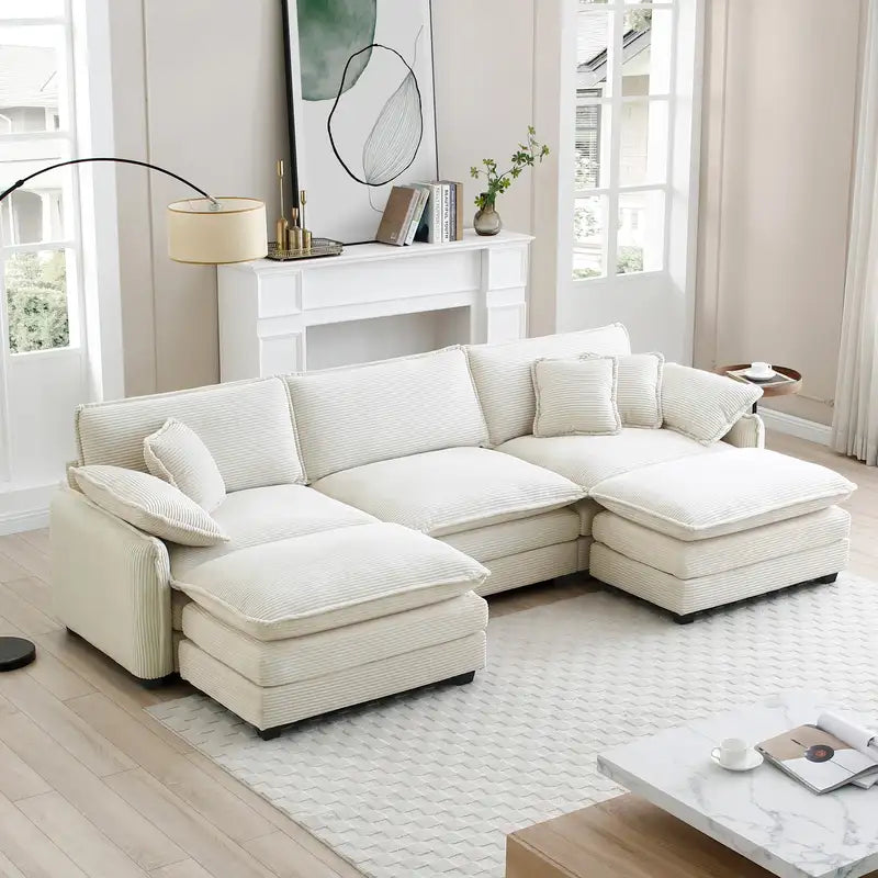 Beige Corduroy Modular Sofa with Ottoman & 2 Footstools: U-Shape