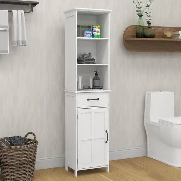 White Floor Cabinet: 1 Door, 1 Drawer Storage