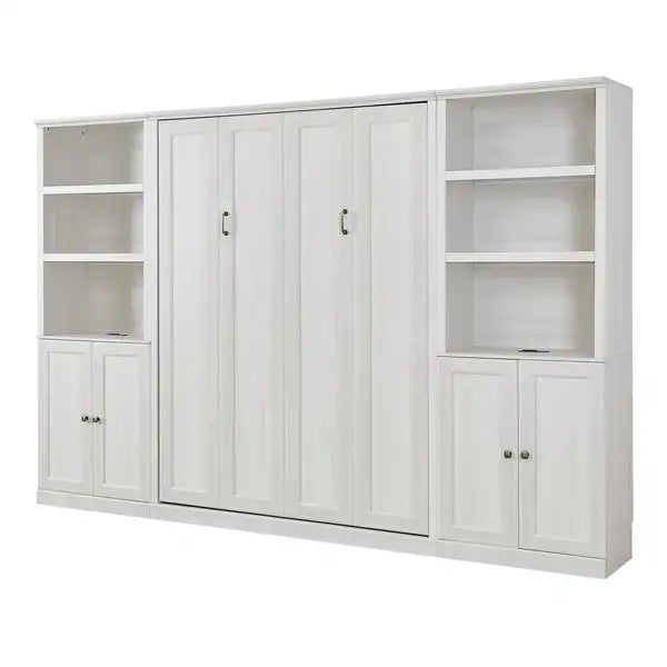 Full Size Murphy Bed with Storage - Self-Closing, Rustic White, Space-Saving for Guest Room, Home Office - Minihomy