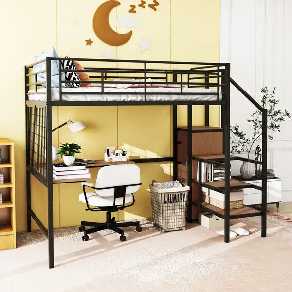 Full Size Metal Loft Bed with Desk, Storage Ladder & Wardrobe - Black - Minihomy