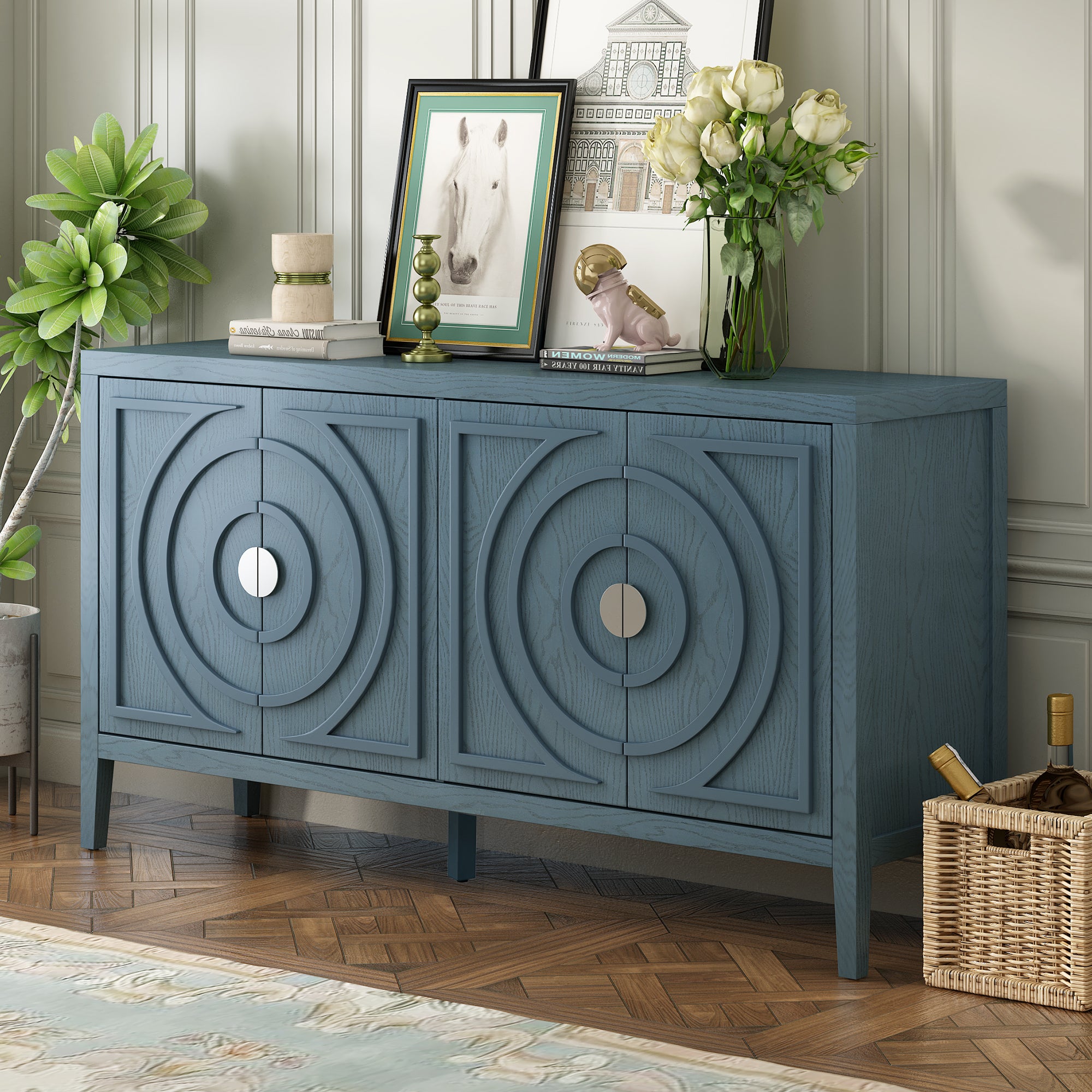 Retro Sideboard Door with Circular Groove Design & Round Metal Handle (Antique Blue)