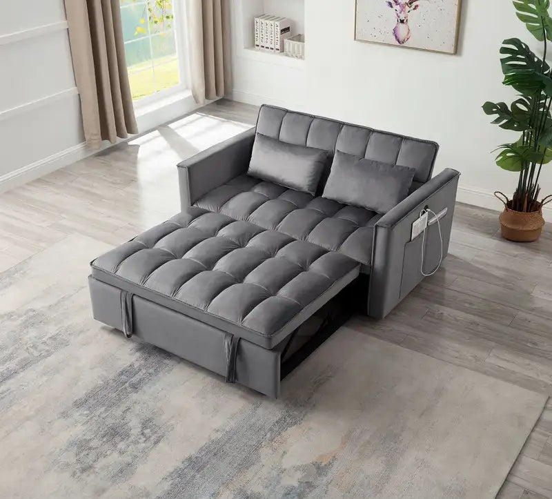 Velvet Sleeper Sofa Bed with USB, Pull-Out Bed & Pillows