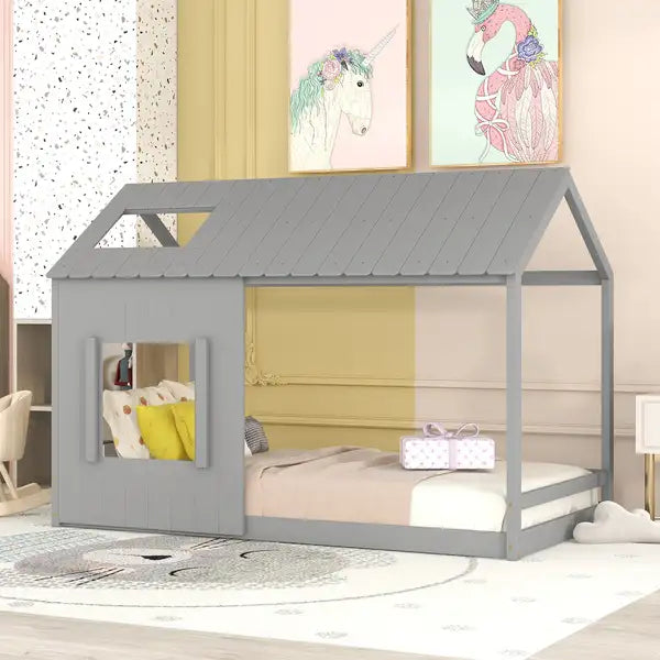 Twin Size Playhouse Bed with Roof & Window - Gray for Kids