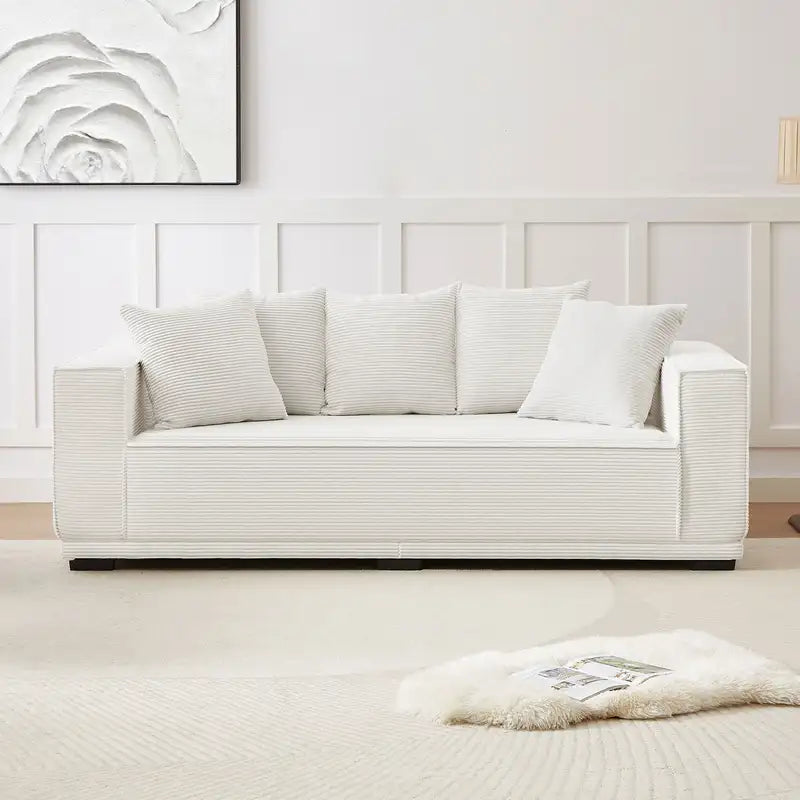 Mid-Century Modern White Sofa (89") w/ 5 Pillows - Comfy Living Room Couch