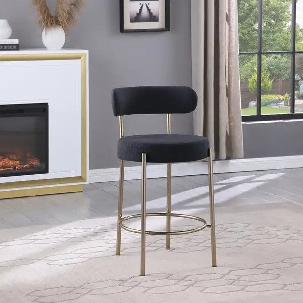 Modern Sherpa Counter Height Stools Set of 2 - Black - Brushed Brass Legs - Footrest - Minihomy