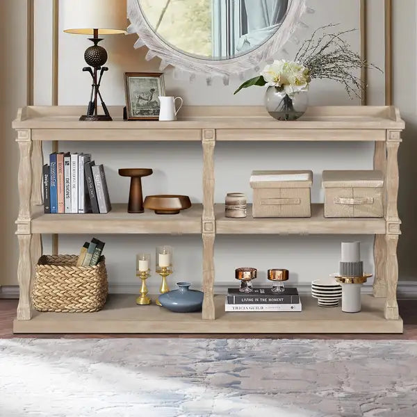 Antique White Console Table with Roman Columns & 3-Tier Storage