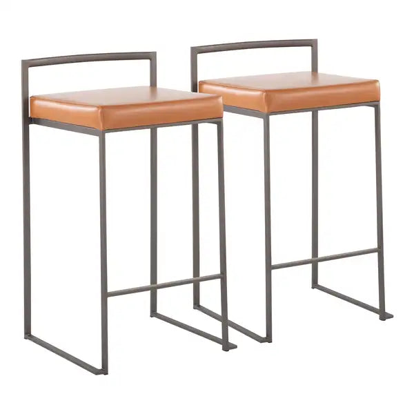 LumiSource Fuji Stackable Counter Stools - Antique Finish, Camel Faux Leather - Set of 2