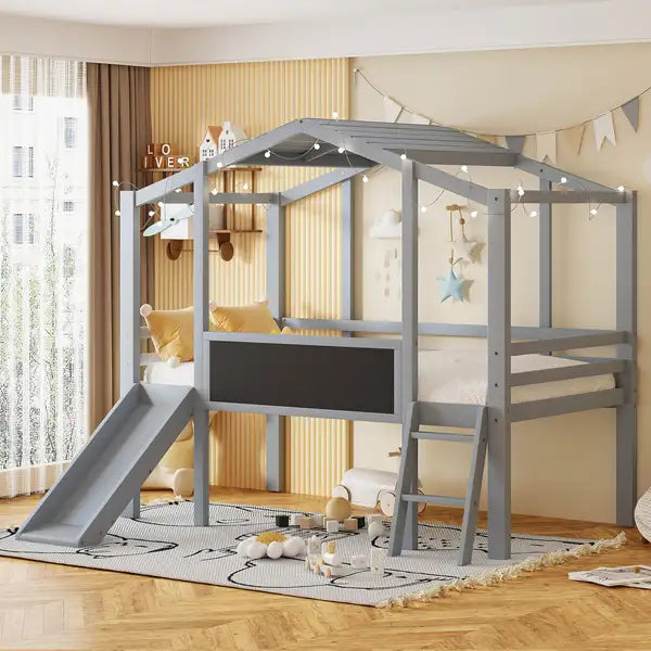 Twin Loft Bed with Slide, Blackboard & Lights, Gray - Kids House Bed