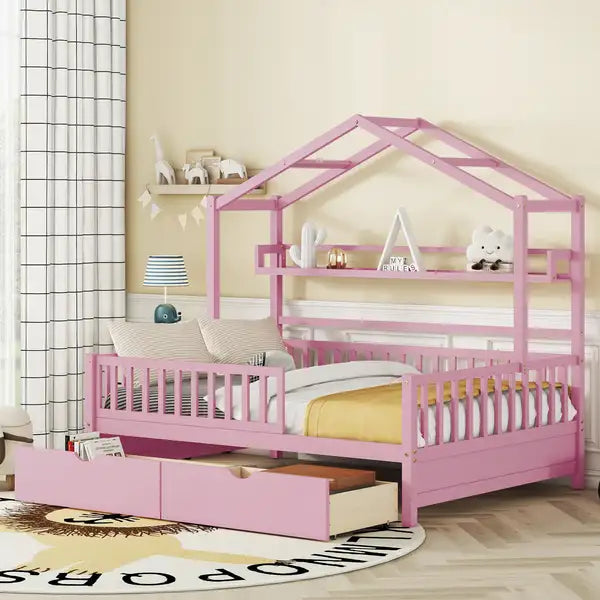 Full Size Wooden House Bed with Storage & Drawers - Pink Kids Bed