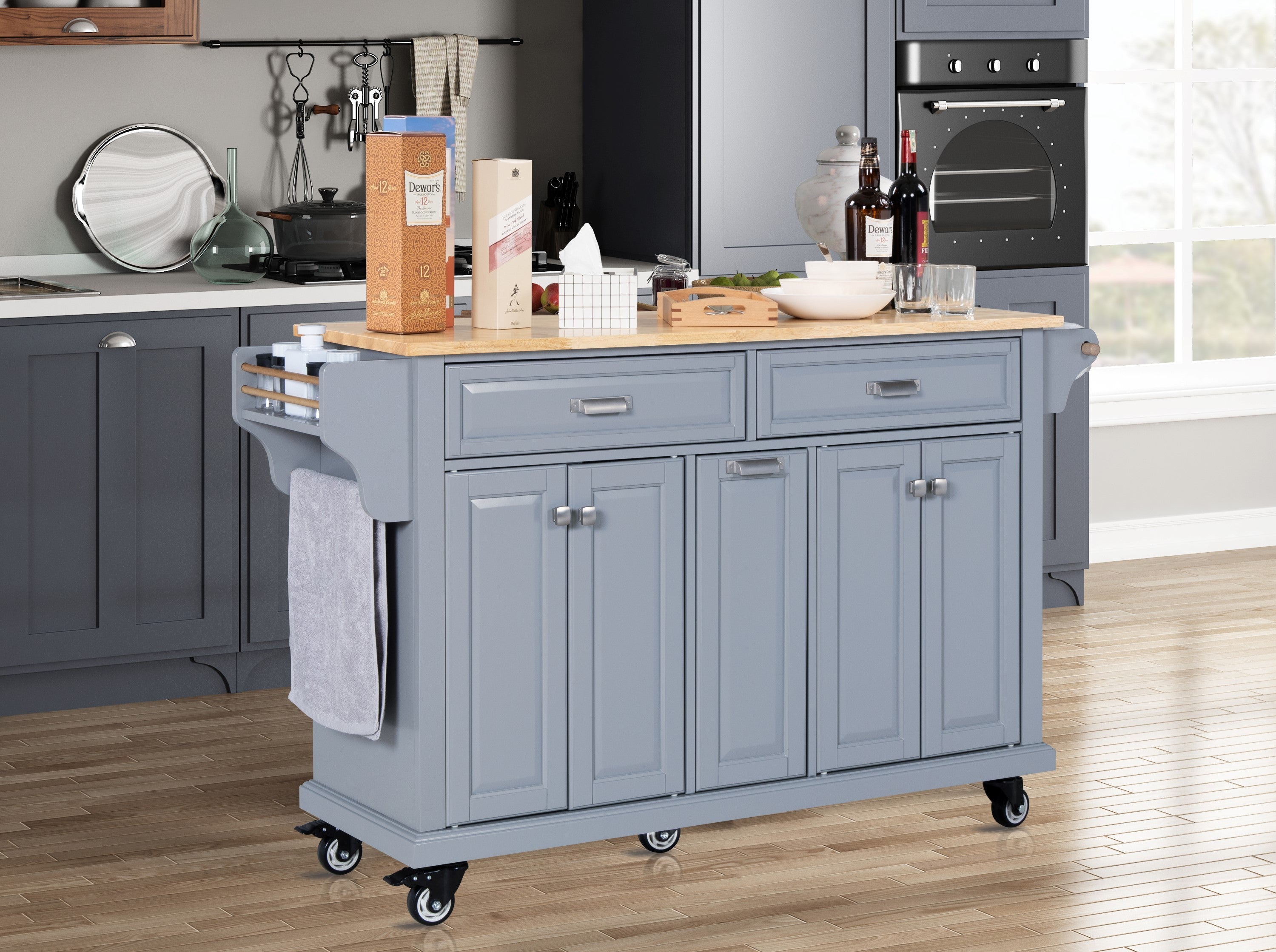 Grey Kitchen Island Cart with Rubberwood Countertop, 5 Wheels, Storage Cabinet & Drawers