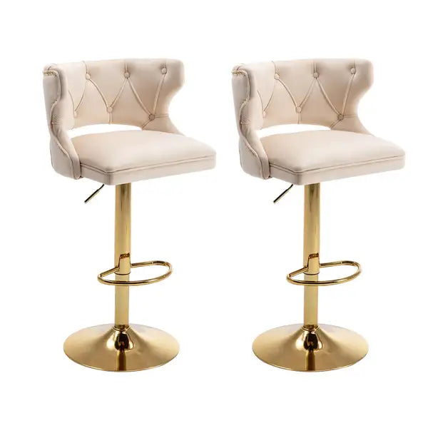 Beige Velvet Bar Stools with Back & Footrest - 2-Piece Set - Counter Height - Minihomy