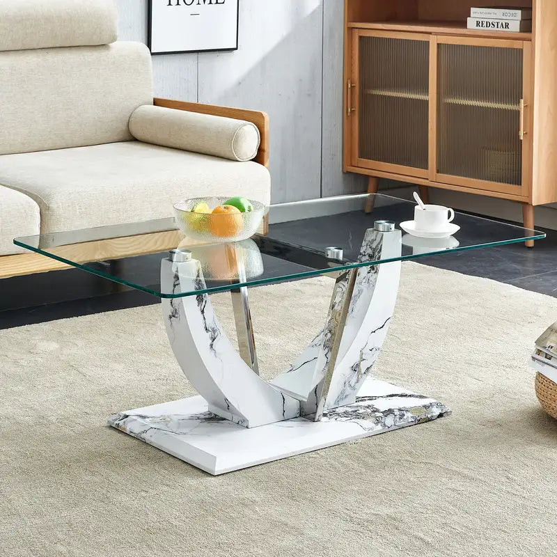 Modern Glass Coffee Table with Marble Legs & Steel - CT-907