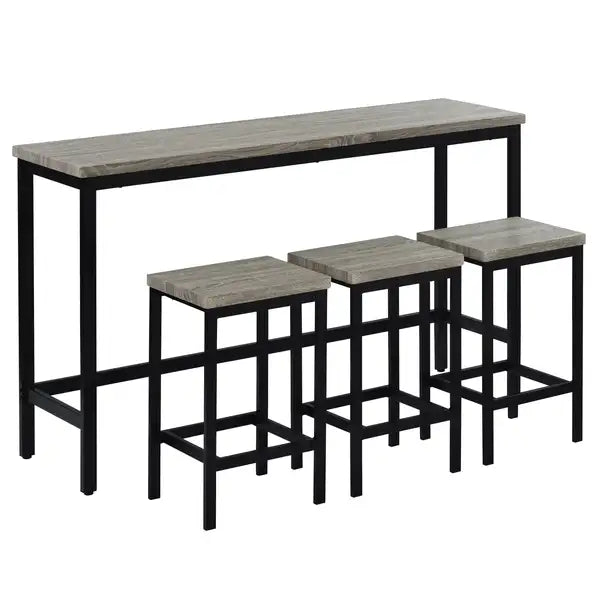 Counter Height Dining Table Set with 3 Stools, Extra Long Pub Kitchen Table with Footrest - Gray - Minihomy