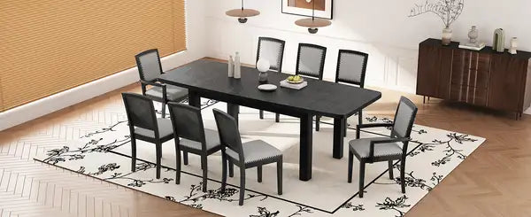 9 Piece Rustic Dining Table Set with Extendable Top, 6 Armless Chairs & 2 Arm Chairs, Black - Minihomy