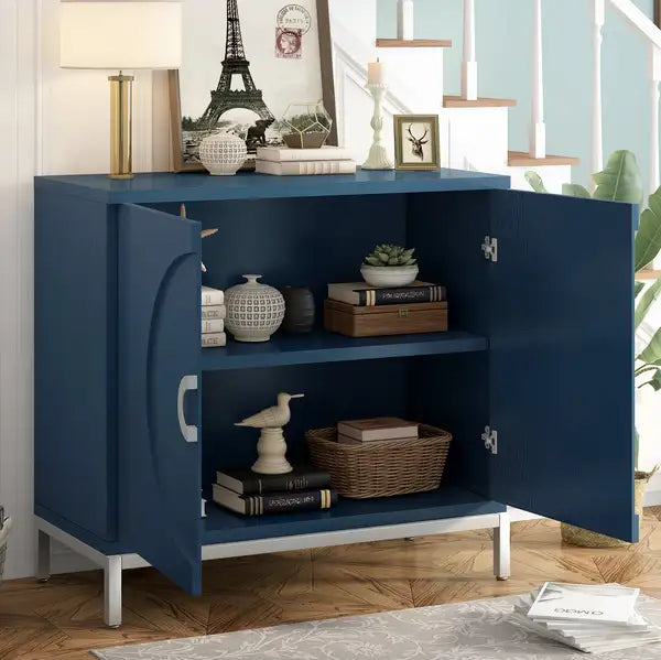 Navy Blue Accent Cabinet with Wood Veneer & Metal Legs - Simple Storage for Living Room