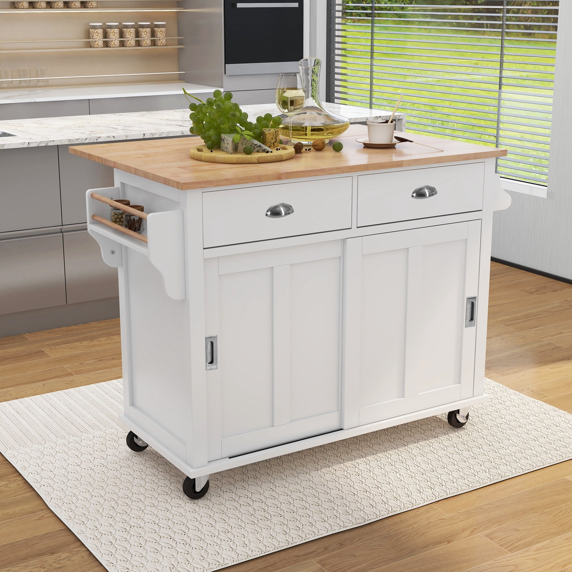 Kitchen Island Cart with Drop-Leaf Countertop, Adjustable Height, Storage & Wheels, White - 52.2x30.5x36.6 inch