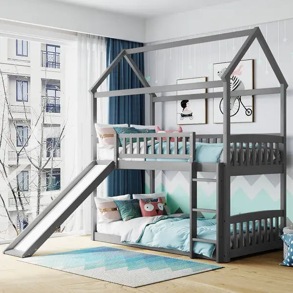 Twin Over Twin Bunk Bed with Slide - Gray House Bed for Kids - LT000213AAE