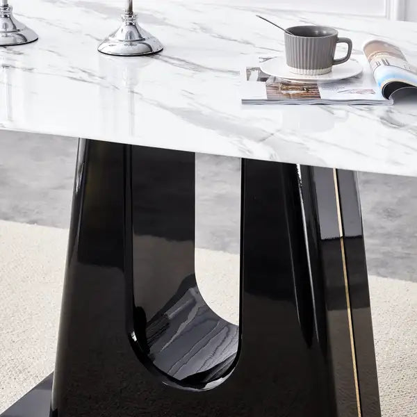 Modern Dining Table & Chair Set - Imitation Marble Top, MDF Legs, U-Shaped Brackets - Minihomy