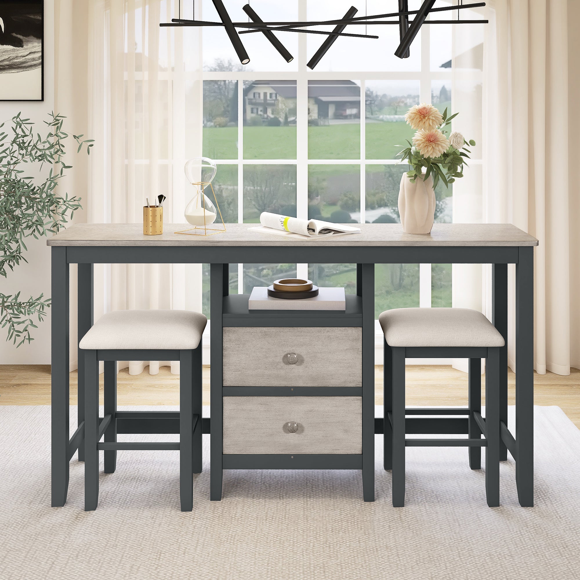 Farmhouse Rustic 3-Piece Counter Height Dining Set with Storage - Gray and Distressed Light Gray