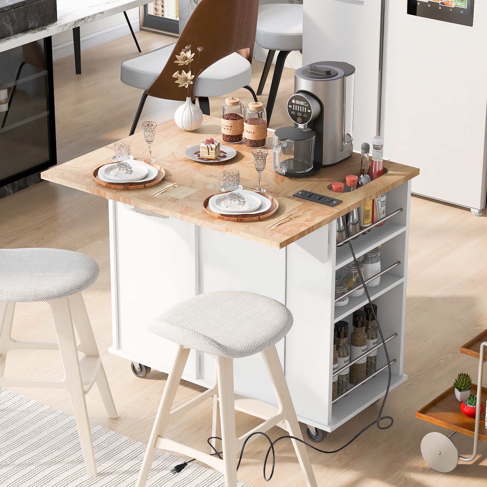 Kitchen Island with Power Outlet, Drop Leaf & Wine Rack, White - Adjustable Storage, 5 Wheels