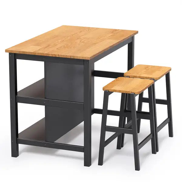 Rustic Retro Dining Table Set with Stools & Shelves for Small Spaces - 2 Person Breakfast Table