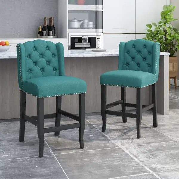 Teal & Dark Brown Fabric Tufted Wingback Counter Stools (Set of 2) - Vienna Contemporary 27"