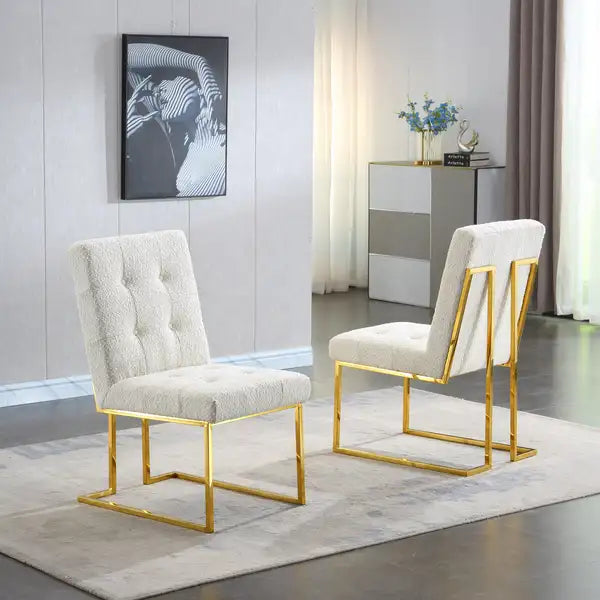 Linen Dining Chairs (Set of 2) - Tufted, Gold Legs