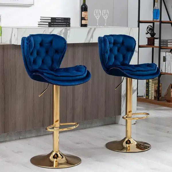 Set of 2 Swivel Bar Stools | Adjustable Height Velvet Upholstery with Chrome Base - Blue