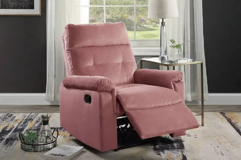 Velvet Blush Pink Recliner Chair - Plush Tufted Manual Motion Living Room Furniture